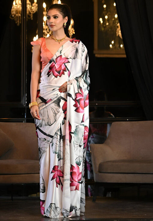 Digital Printed Satin Saree in Off White
