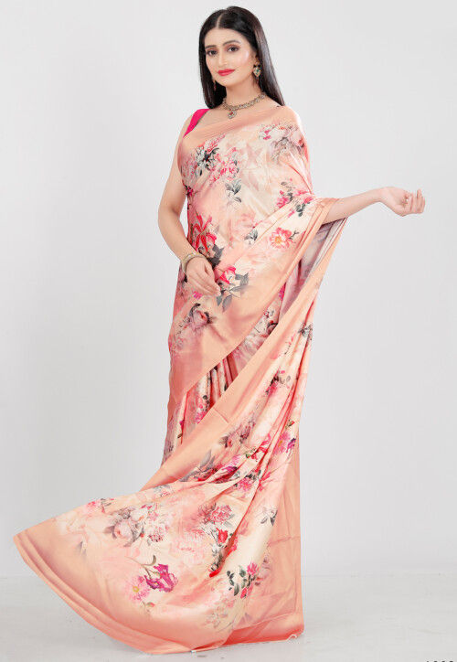 White Floral Digital Printed Satin Saree | Satin saree, Saree, Printed satin