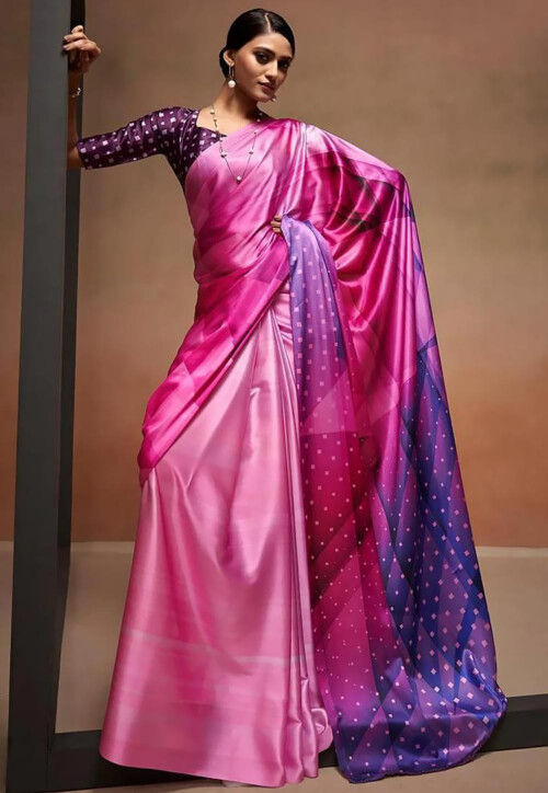 Buy Flamingo Pink Satin Saree online-Karagiri