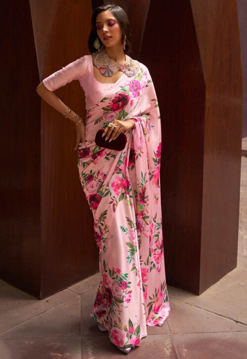 Digital Printed Satin Saree in Pink