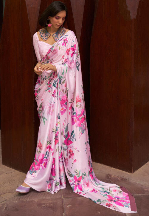 Hot Cerise Pink Satin Printed Party Wear Saree|SARV118036