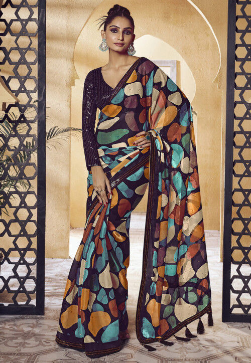 Digital Printed Satin Saree in Purple