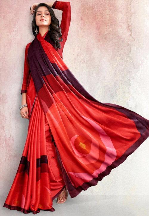 RHEY - ❤️ Red satin saree!! A universal saree with the satin fabric is  considered to be the best and trending in town for party look! . Get this  amazing look now!!