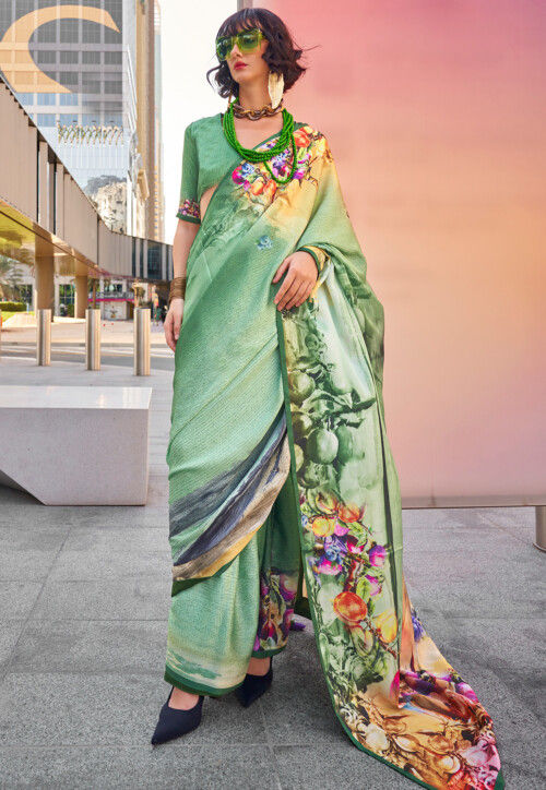 Digital Printed Satin Saree in Teal Green