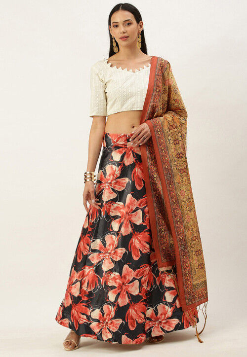 Digital Printed Satin Silk Lehenga in Black and Red