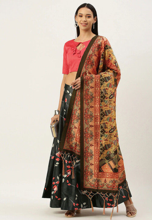 Digital Printed Satin Silk Lehenga in Black