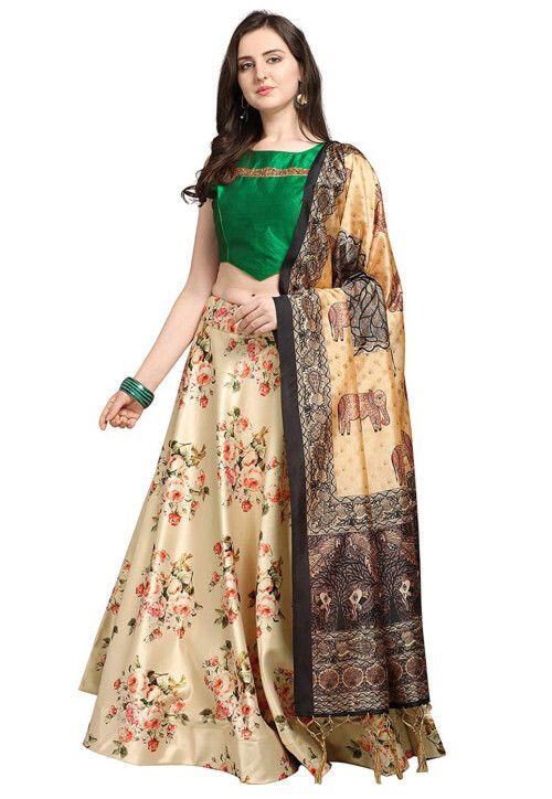 Digital Printed Satin Silk Lehenga in Cream