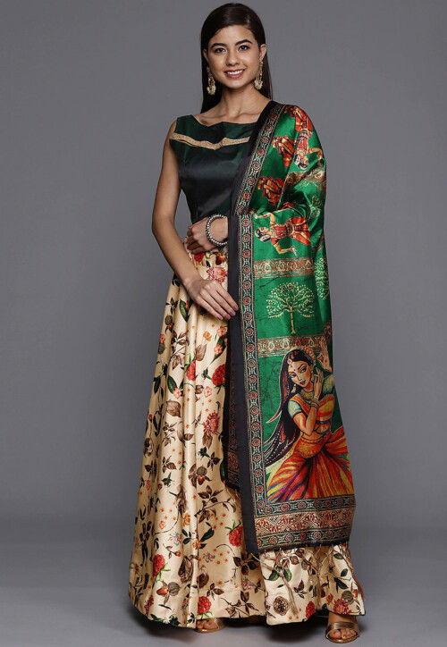 Digital Printed Satin Silk Lehenga in Cream