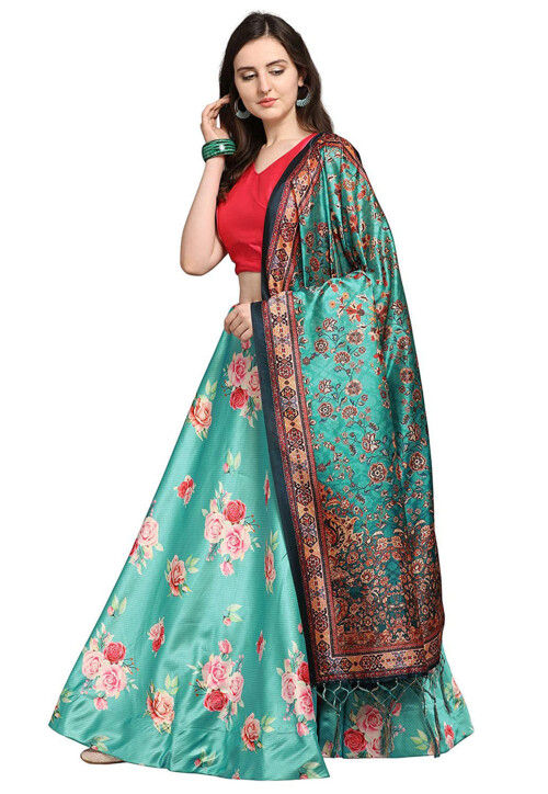 Digital Printed Satin Silk Lehenga in Green
