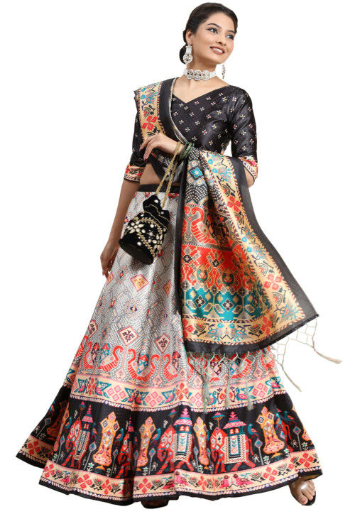 Digital Printed Satin Silk Lehenga in Grey