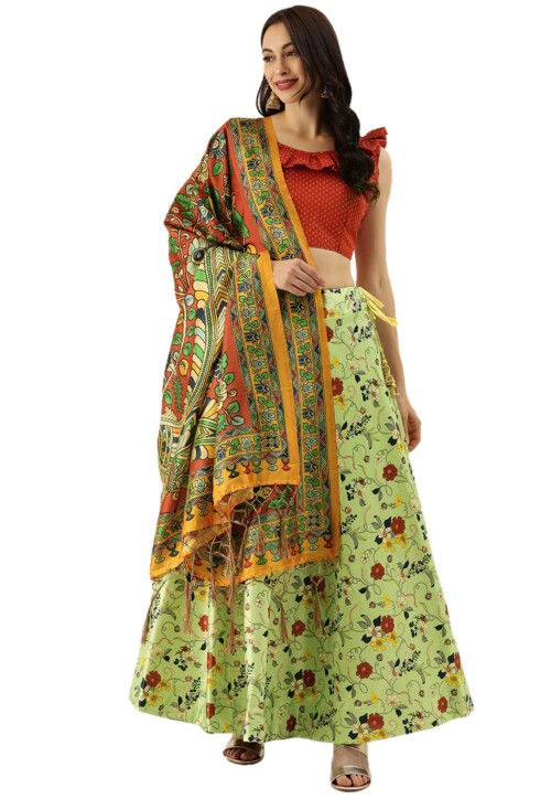 Digital Printed Satin Silk Lehenga in Light Green