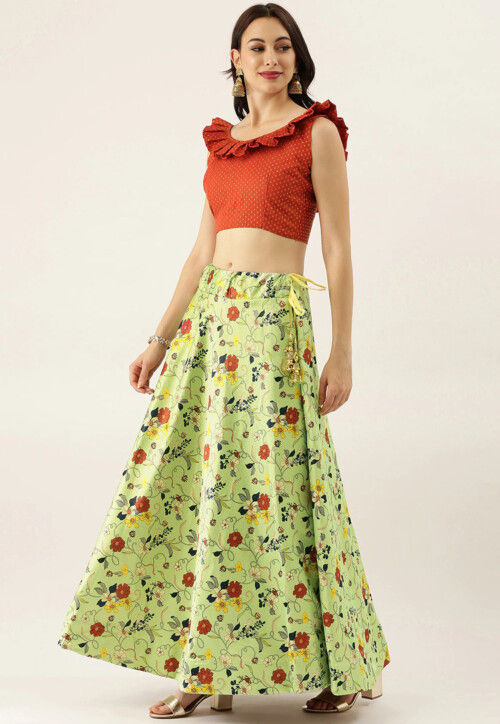 Digital Printed Satin Silk Lehenga in Light Green