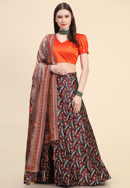 Digital Printed Satin Silk Lehenga in Maroon