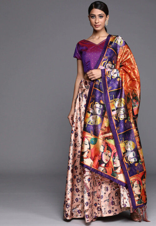 Digital Printed Satin Silk Lehenga in Peach