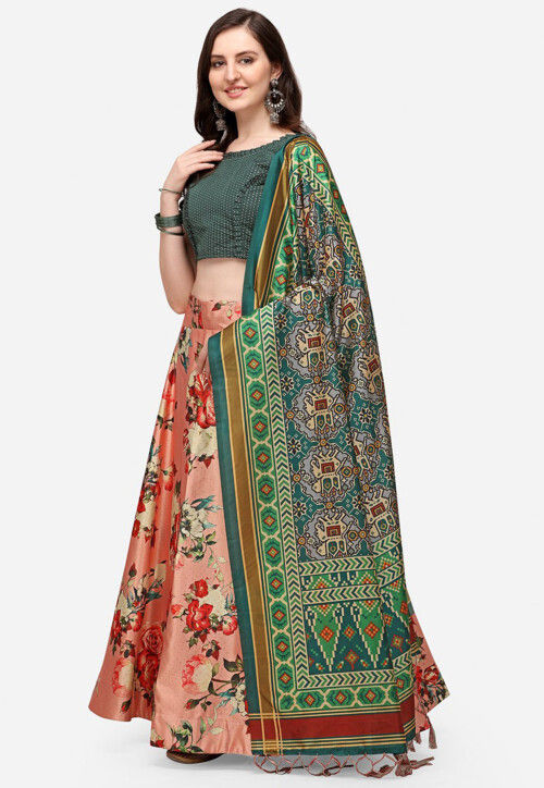 Digital Printed Satin Silk Lehenga in Peach