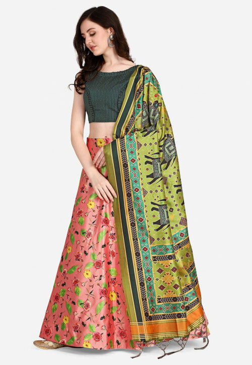 Digital Printed Satin Silk Lehenga in Peach