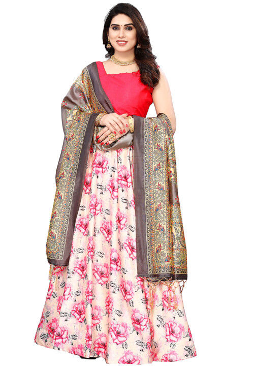 Digital Printed Satin Silk Lehenga in Pink