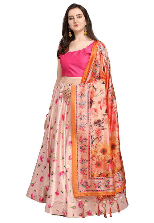 Digital Printed Satin Silk Lehenga in Pink