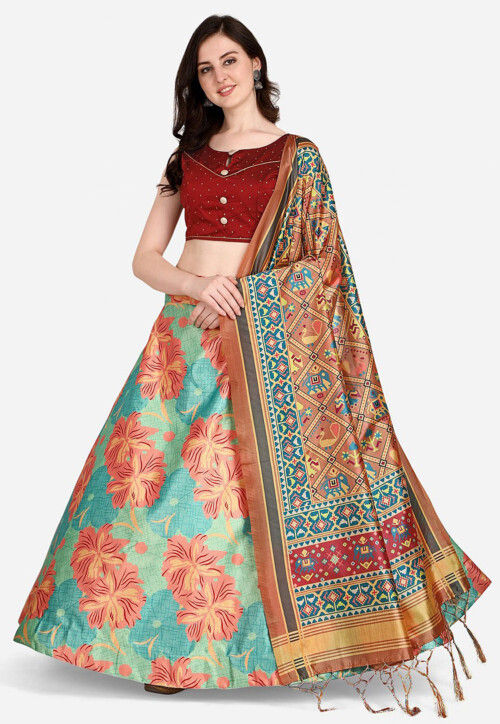 Digital Printed Satin Silk Lehenga in Sea Green