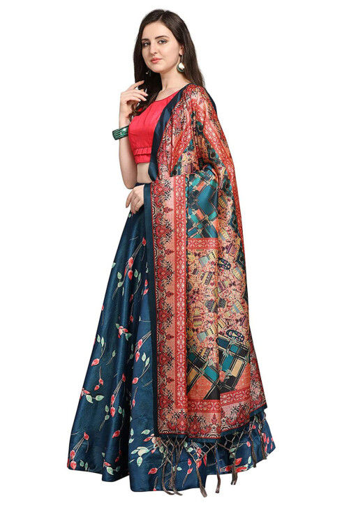 Digital Printed Satin Silk Lehenga in Teal Blue
