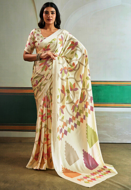Digital Printed Satin Silk Saree in Off White