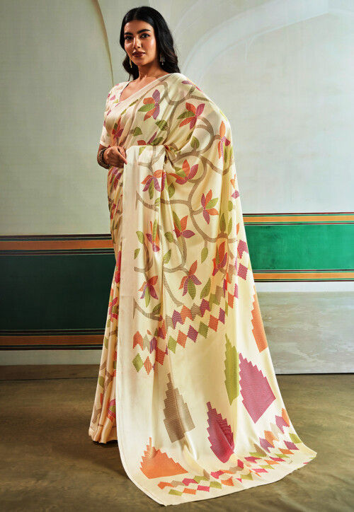 Digital Printed Satin Silk Saree in Off White