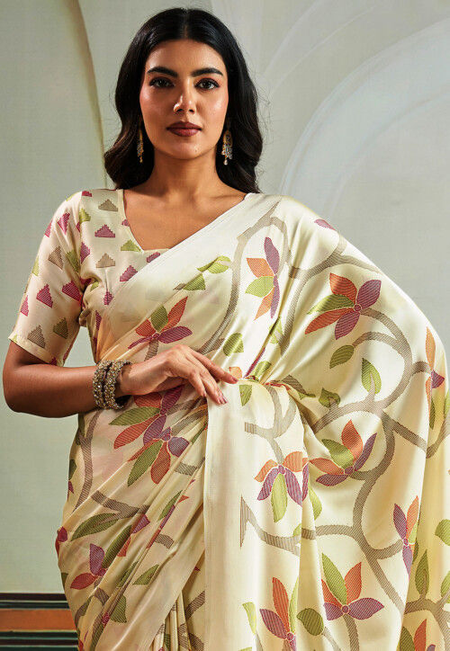 Digital Printed Satin Silk Saree in Off White