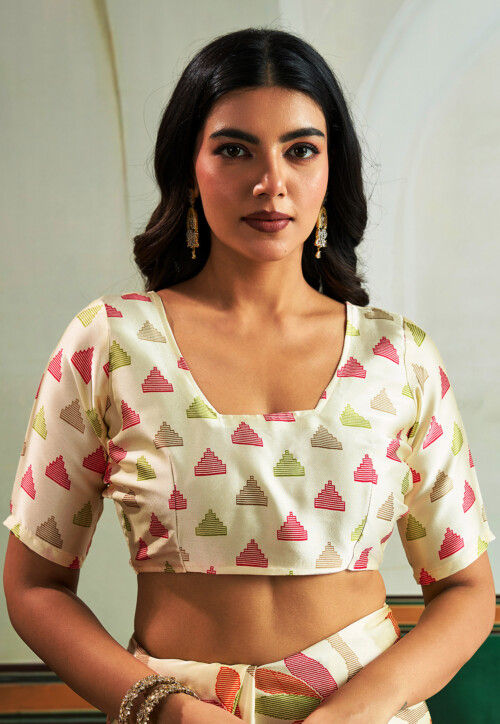 Digital Printed Satin Silk Saree in Off White