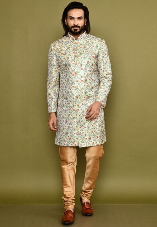 Digital Printed Satin Silk Sherwani in Cream