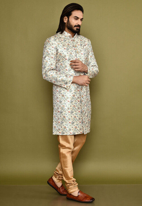 Digital Printed Satin Silk Sherwani in Cream