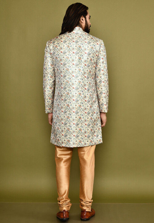 Digital Printed Satin Silk Sherwani in Cream