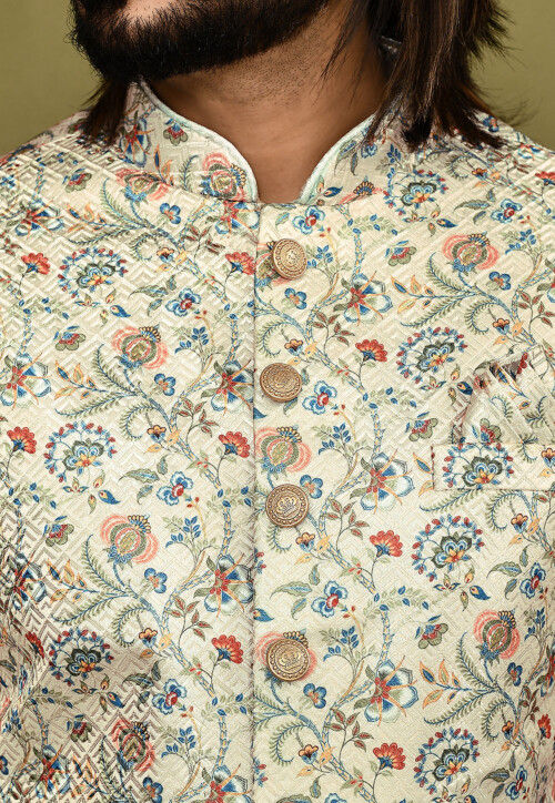 Digital Printed Satin Silk Sherwani in Cream