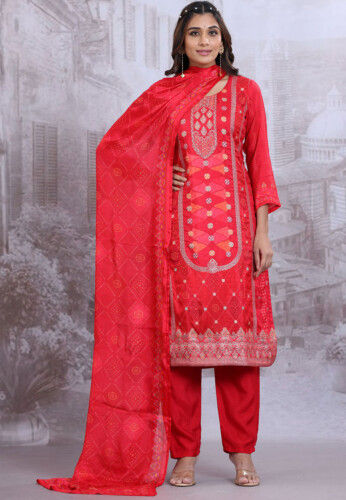Digital Printed Silk Pakistani Suit in Red