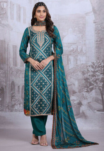 Digital Printed Silk Pakistani Suit in Teal Blue
