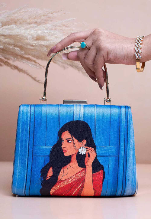 Digital Printed Synthetic Rectangular Clutch Bag in Blue