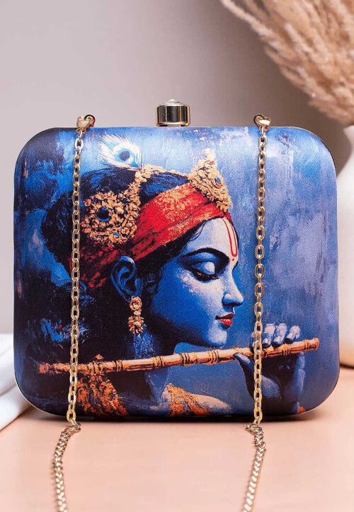 Digital Printed Synthetic Square Clutch Bag in Blue
