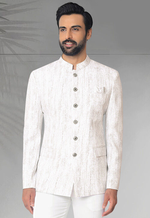 Digital Printed Terry Rayon Jodhpuri Jacket in Off White