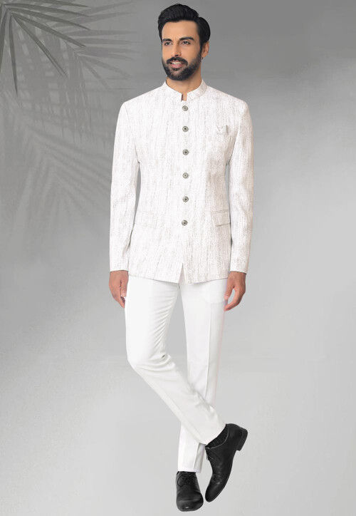 Digital Printed Terry Rayon Jodhpuri Suit in Off White