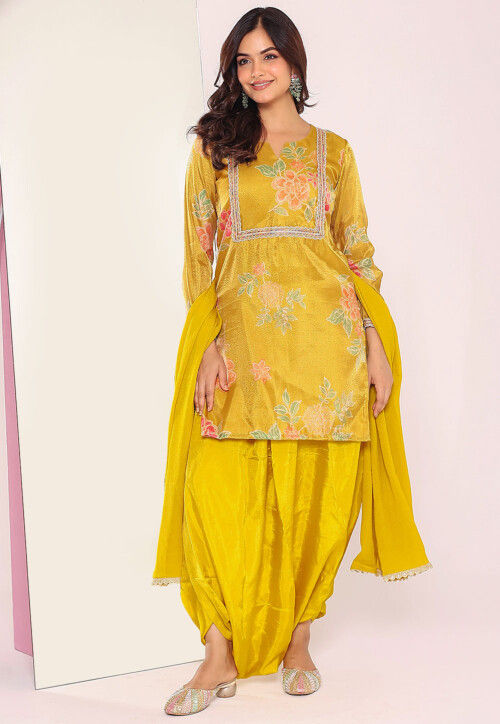 Buy Digital Printed Tissue Punjabi Suit in Yellow Online KKZ76