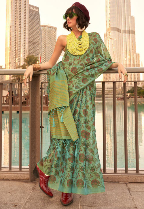 Digital Printed Tissue Silk Saree in Teal Green
