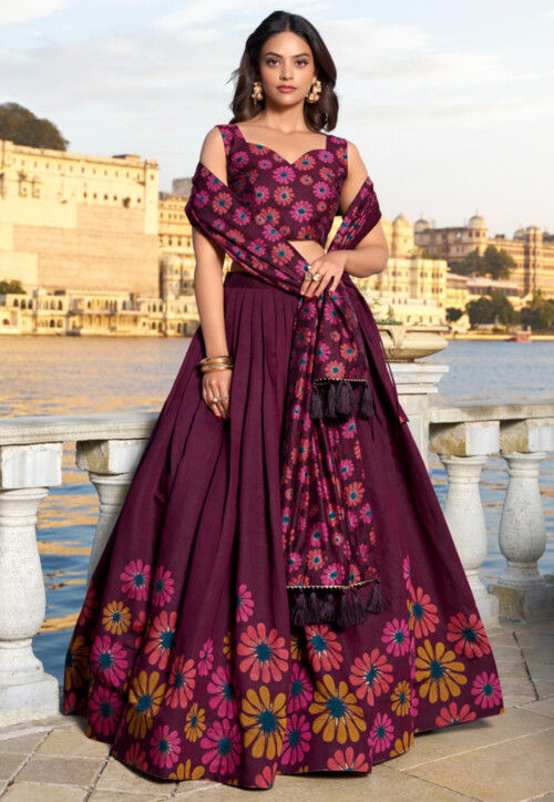 Digital Printed Tussar Silk Lehenga in Dark Magenta