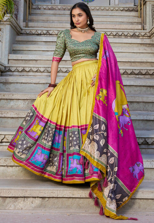 Digital Printed Tussar Silk Lehenga in Yellow
