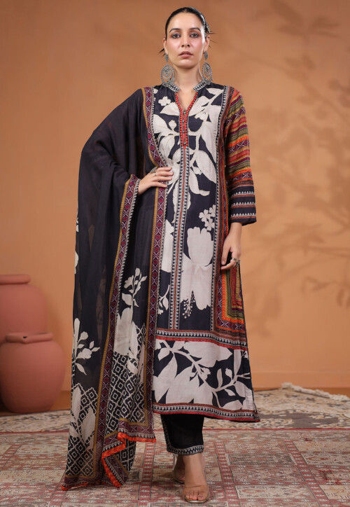 Digital Printed Tussar Silk Pakistani Suit in Black