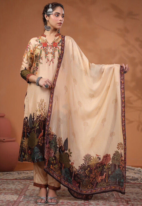 Digital Printed Tussar Silk Pakistani Suit in Light Beige