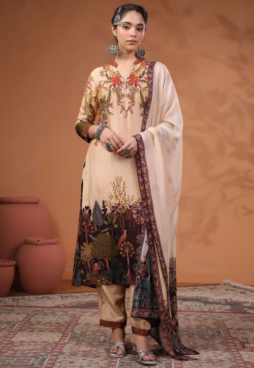 Digital Printed Tussar Silk Pakistani Suit in Light Beige