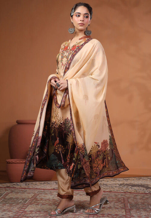 Digital Printed Tussar Silk Pakistani Suit in Light Beige