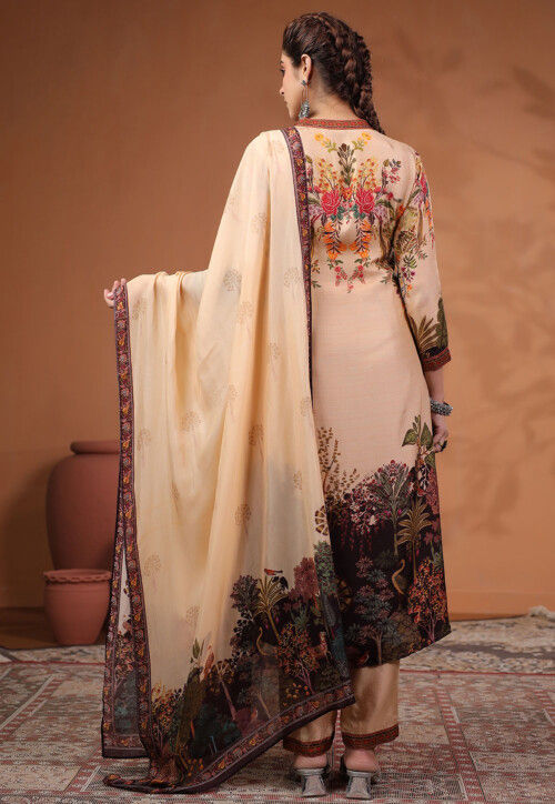 Digital Printed Tussar Silk Pakistani Suit in Light Beige