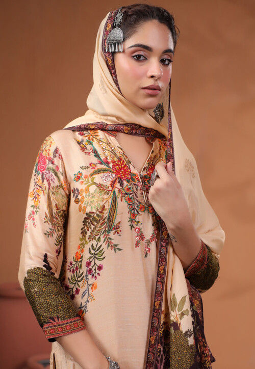 Digital Printed Tussar Silk Pakistani Suit in Light Beige