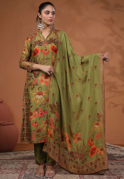 Digital Printed Tussar Silk Pakistani Suit in Olive Green