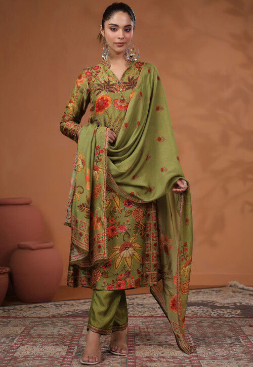 Digital Printed Tussar Silk Pakistani Suit in Olive Green